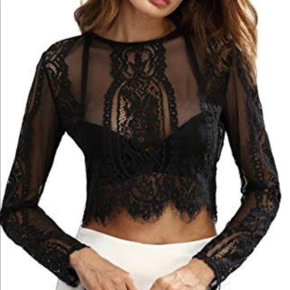 Women's Scallop Trim Sexy Sheer Blouse Mesh See Through Lace Crop Top